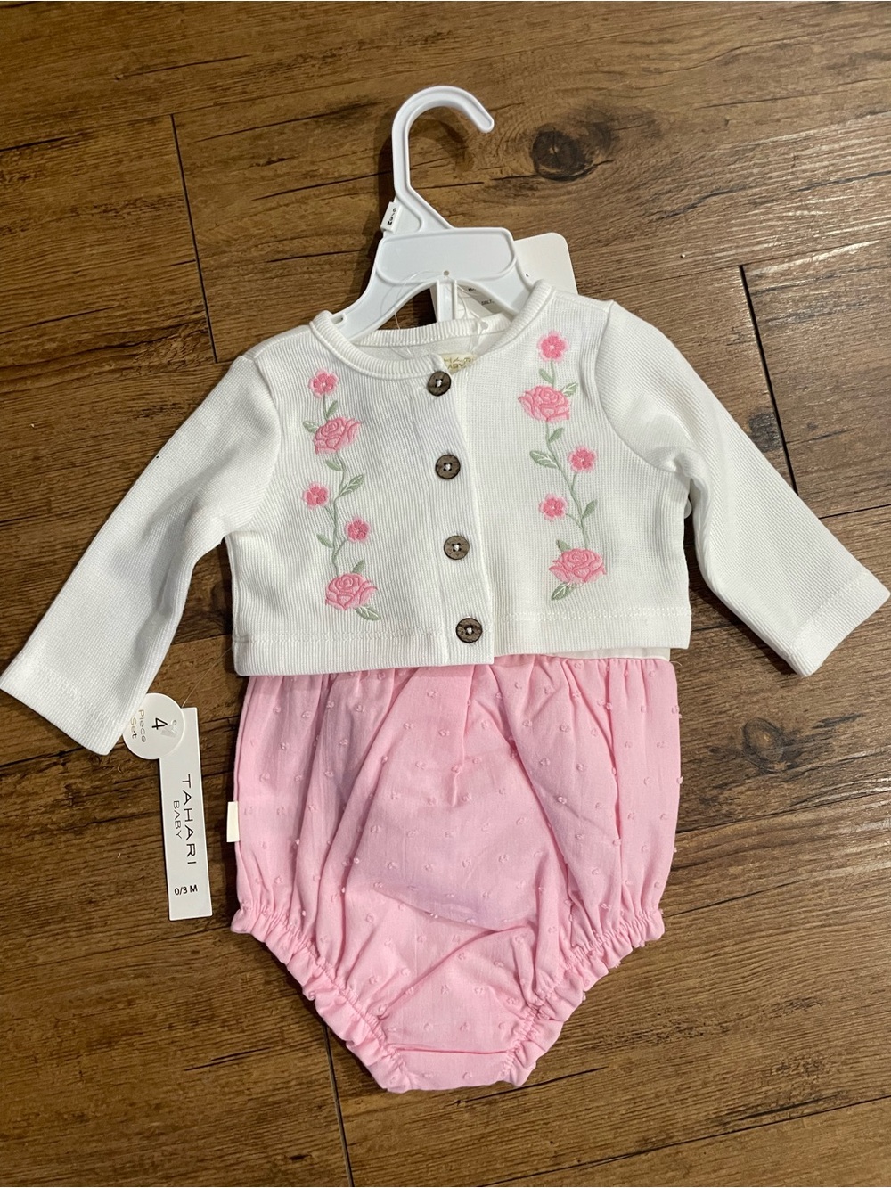 Tahari White Knit Cardigan with Pink Floral Romper